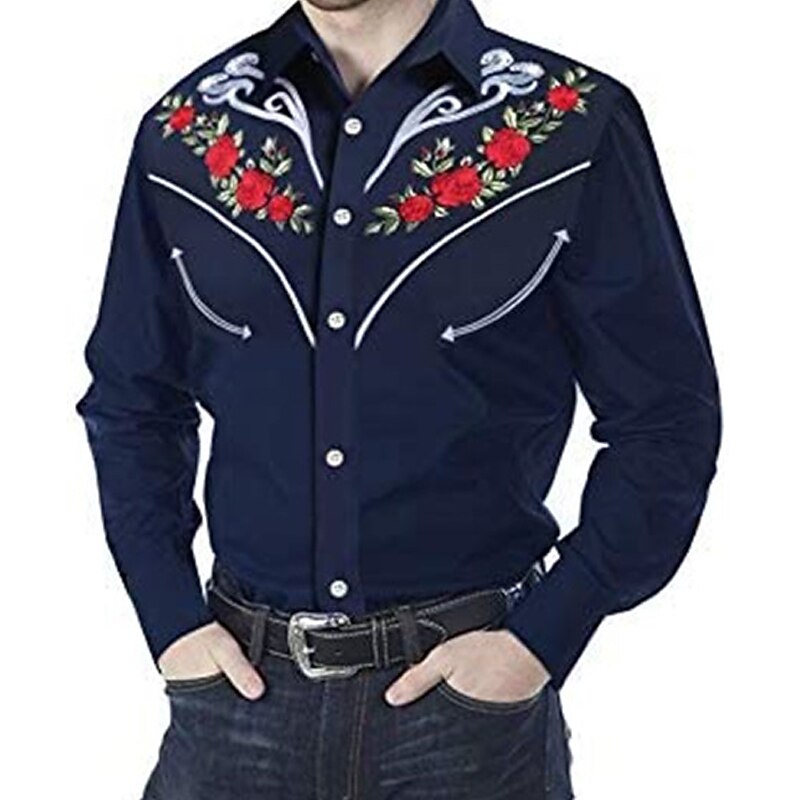 Men's Floral Graphic Prints Shirt Western Shirt Cowboy Shirt Long Sleeve Fashion Streetwear Designer Outdoor Daily Fall & Winter Turndown Print Button-Down Black White Wine Navy Blue Blue3
