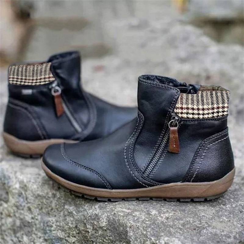 Women's Black Faux Leather Ankle Boots with Plaid Collar and Side Zipper, Comfortable Casual Footwear for Everyday Wear