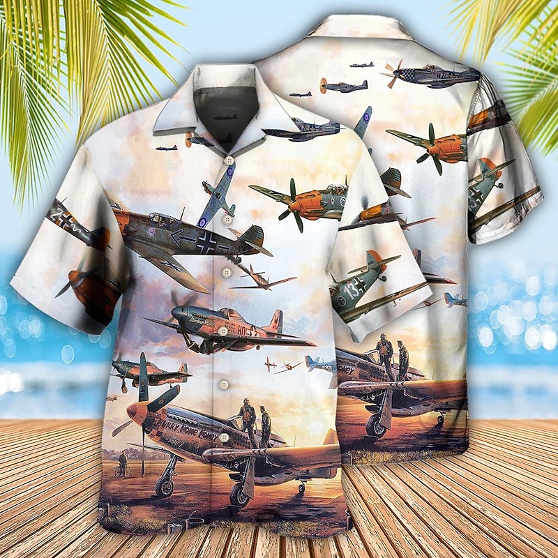 Men's Airplane Shirt Summer Hawaiian Shirt Aloha Shirt Short Sleeve Shirt Turndown Tropical Fashion Hawaiian Casual Hawaiian Holiday Black Black / Green Yellow S M L2