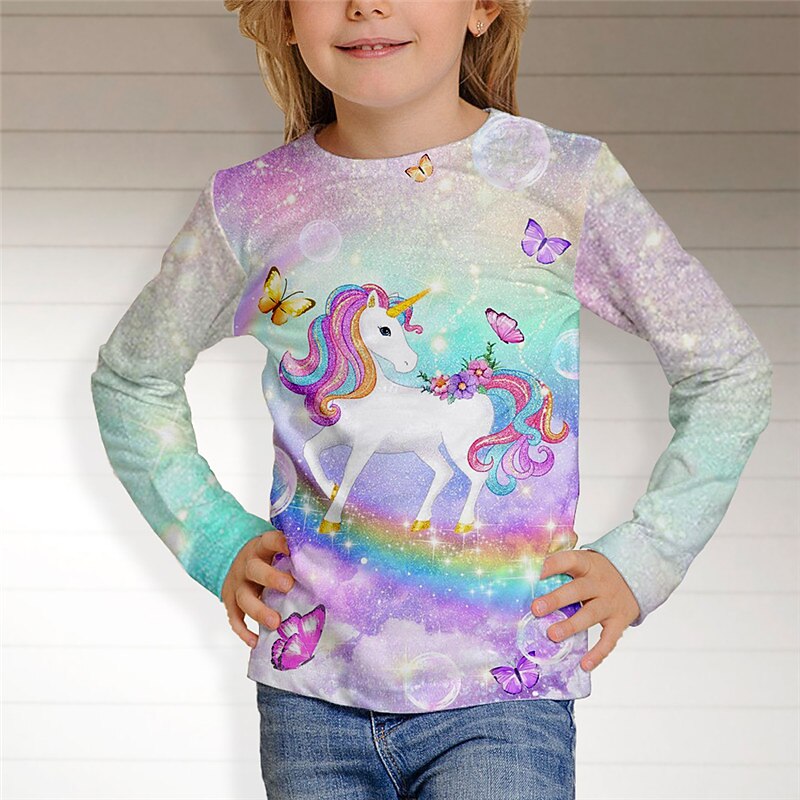Kids Girls' T shirt Animal Casual 3D Printing Long Sleeve Crewneck Cute 7-13 Years Fall Multicolor White Pink4