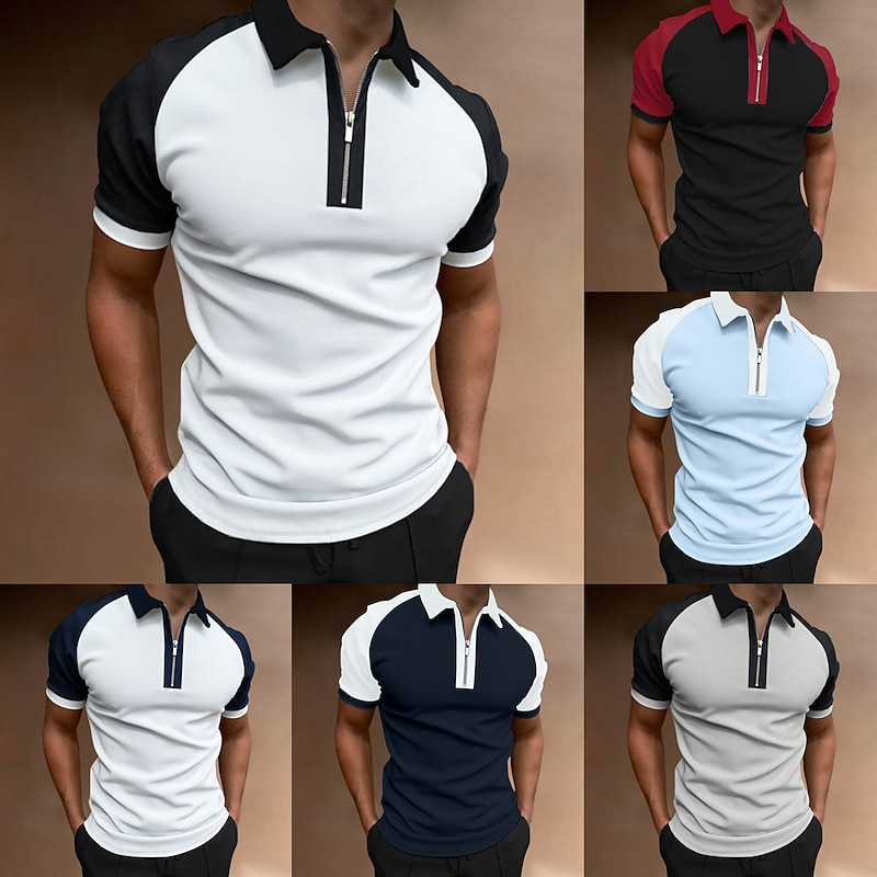 Men's Golf Shirt Going out Gym Turndown Quarter Zip Short Sleeve Sportswear Casual Solid Color Sports Patchwork Zipper Spring & Summer Slim Black / Red Black / Gray Navy Blue Sky Blue Light Grey Dark