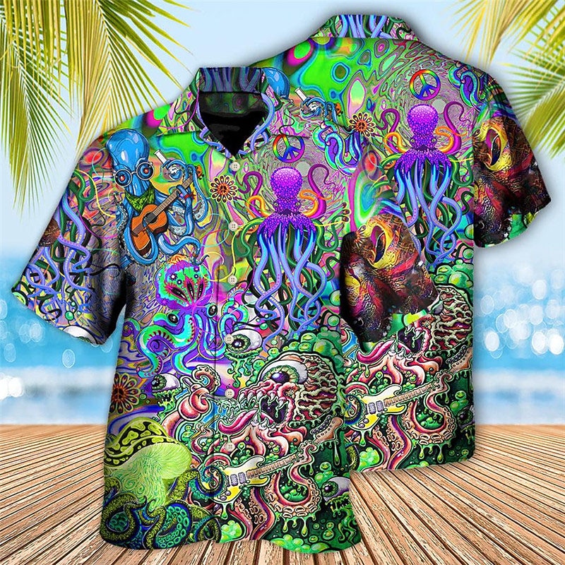 Men's Tropical Guitar Octopus Shirt Summer Hawaiian Shirt Aloha Shirt Short Sleeve Shirt Turndown Tropical Fashion Hawaiian Casual Hawaiian Holiday Yellow Red Purple S M L2