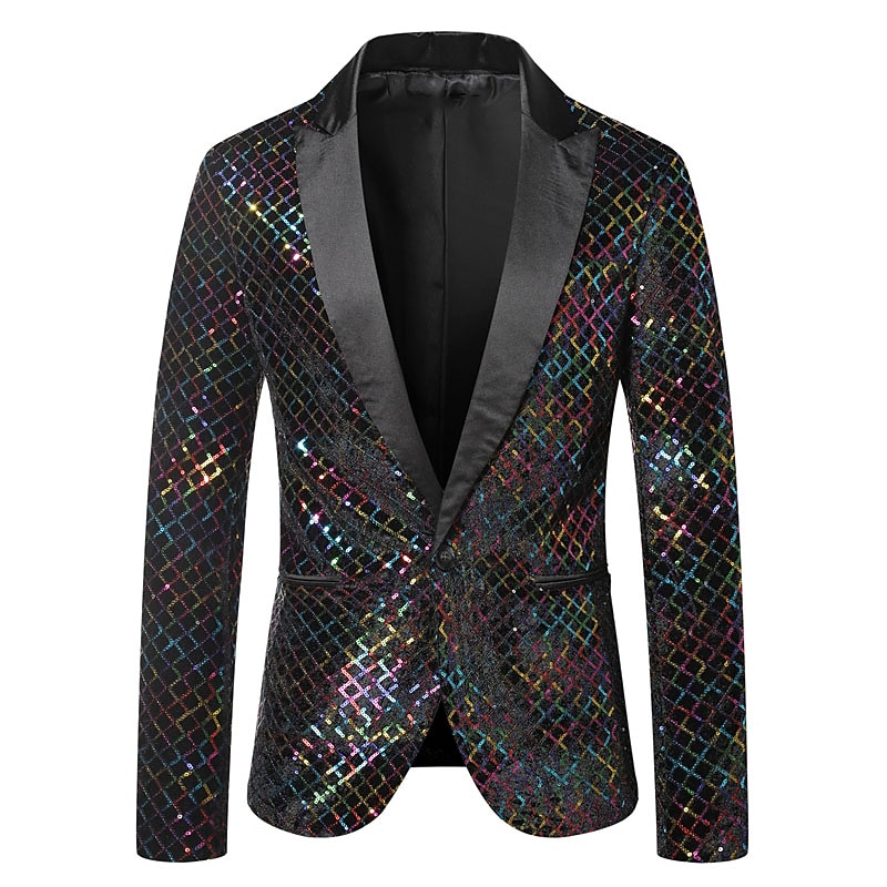 Men's Blazer Party Office & Career Shining Outdoor Pocket Sequin Fall Winter Plaid Stylish Warm Ups Lapel Silvery Gold Rainbow Jacket