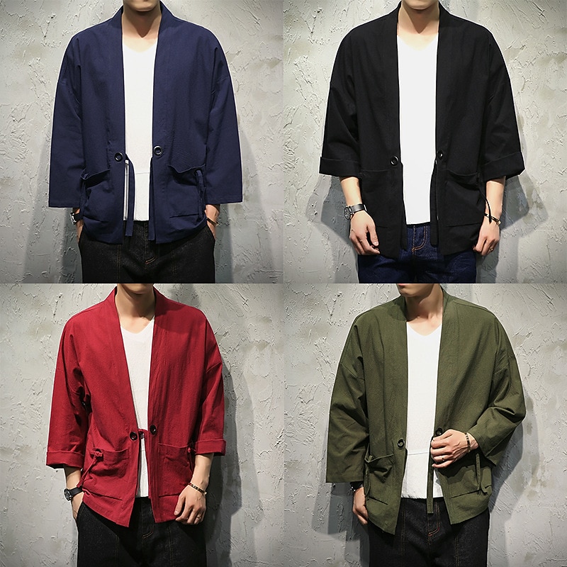Men's Lightweight Jacket Summer Jacket Kimono Jacket Vacation Daily Wear Durable Casual / Daily Pocket Spring &  Fall Plain Comfort Leisure Regular Black Burgundy Dark Navy Green Jacket