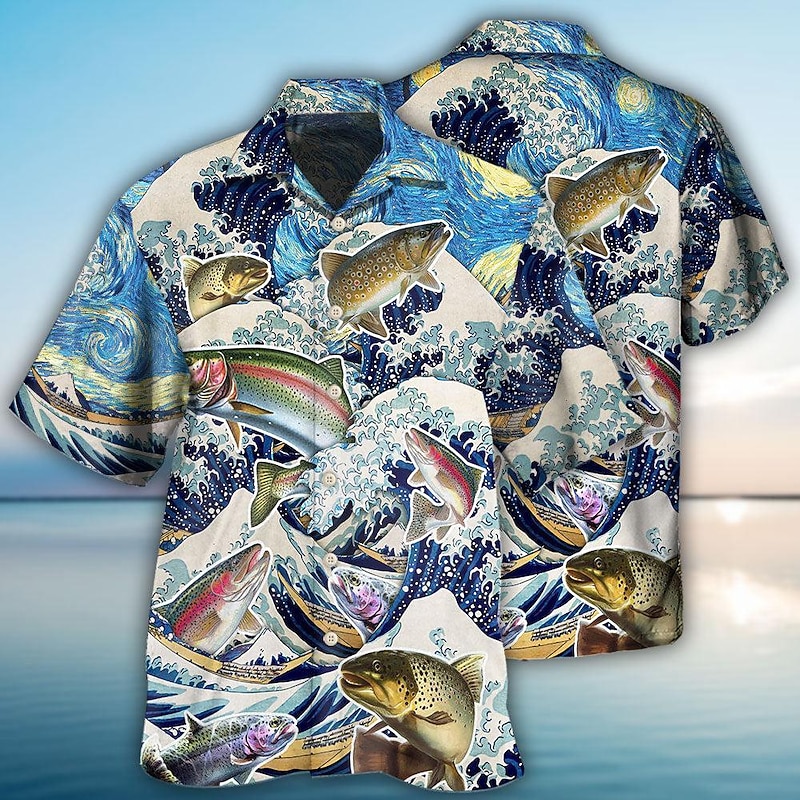 Men's Waves Graphic Prints Fish Shirt Summer Hawaiian Shirt Short Sleeve Shirt Turndown Casual Hawaiian Blue Print Button-Down Clothing Apparel Tropical Fashion Hawaiian Soft