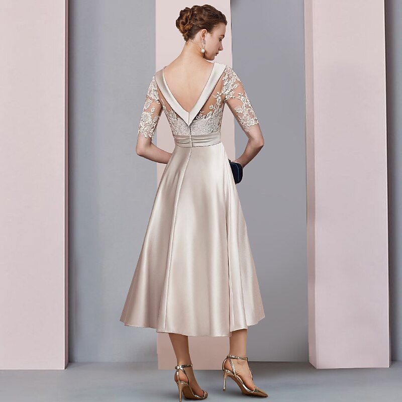 A-Line Gold Mother of the Bride Dress Wedding Guest Elegant Vintage Scoop Neck Tea Length Satin Lace Half Sleeve with Ruched Appliques2