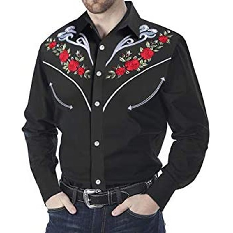 Men's Floral Graphic Prints Shirt Western Shirt Cowboy Shirt Long Sleeve Fashion Streetwear Designer Outdoor Daily Fall & Winter Turndown Print Button-Down Black White Wine Navy Blue Blue4