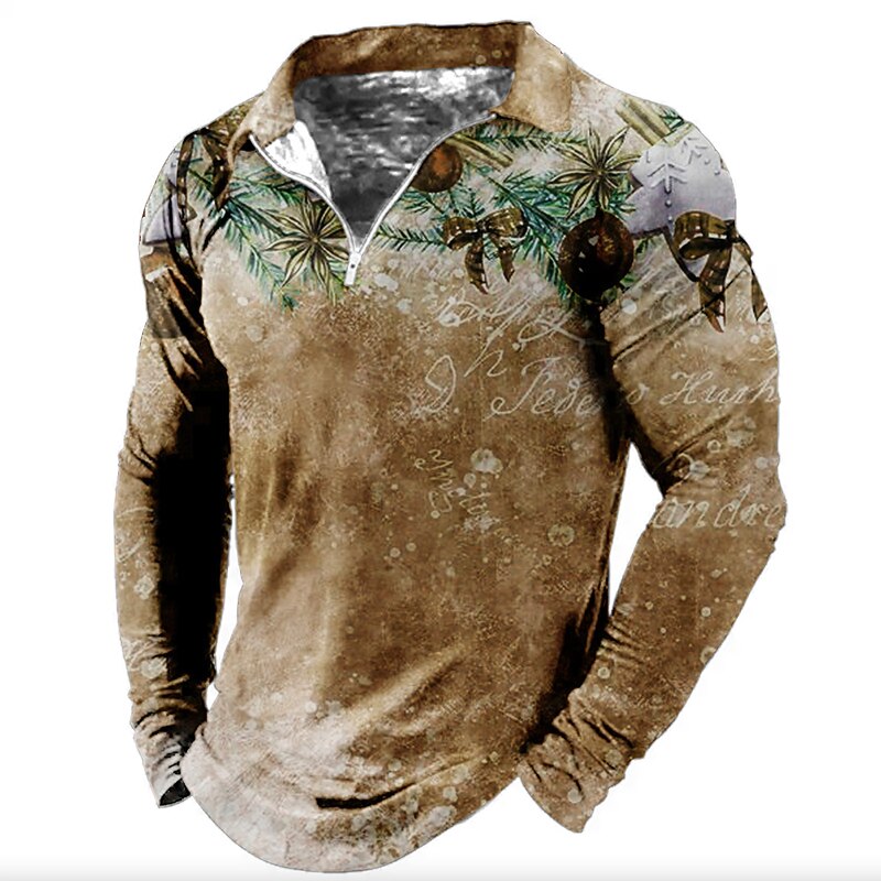 Christmas Men's Christmas tree 3D Zipper Polo Xmas Golf Floral Turndown Red Blue Purple Brown Green 3D Print Street Casual Long Sleeve Zipper Print Clothing Apparel Fashion Designer Casual