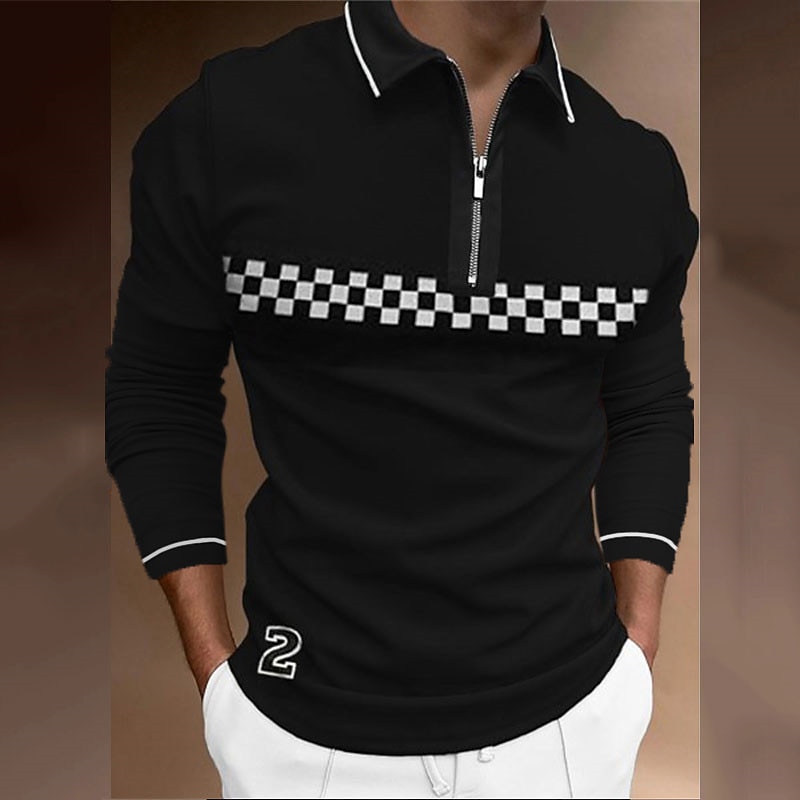 Men's Plaid Zip Polo Shirts Golf Shirt Long Sleeve Polo Shirts Collared Shirts Casual Vacation Wear Formal Wear Festival Wear 3D Print Quarter Zip Polo Black