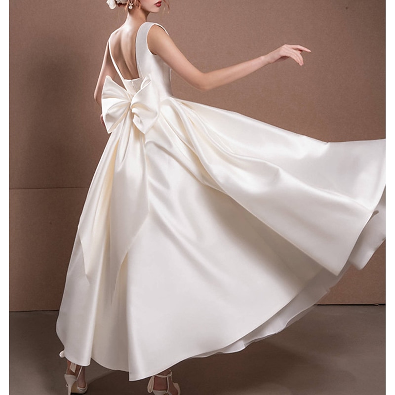 Reception Simple Wedding Dresses Wedding Dresses A-Line Off Shoulder Cap Sleeve Tea Length Satin Bridal Gowns With Pleats Ruched  dress to impress Fall Wedding3