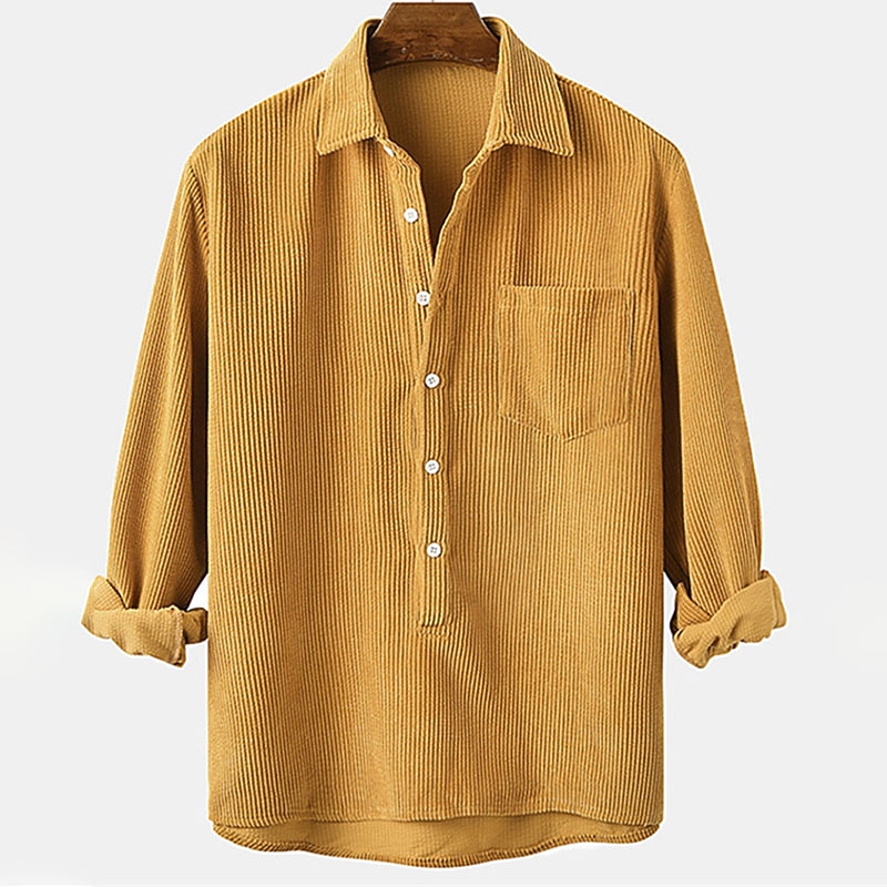 Men's Summer Shirt Casual Shirt Corduroy Shirt Yellow Red & White Long Sleeve Plain Lapel Outdoor Daily Wear Button Clothing Apparel Casual Comfort3
