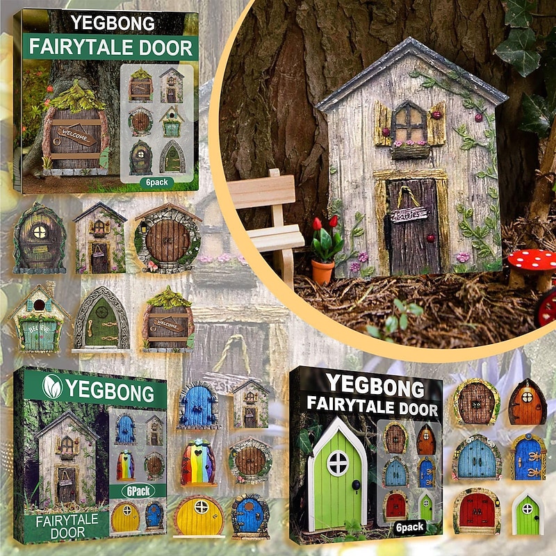 6pcs Fairy Garden Door for Tree Fairy Garden Outdoor Decor Accessories Fairytale Tiny House Doors Mini Gift for Multicolor2