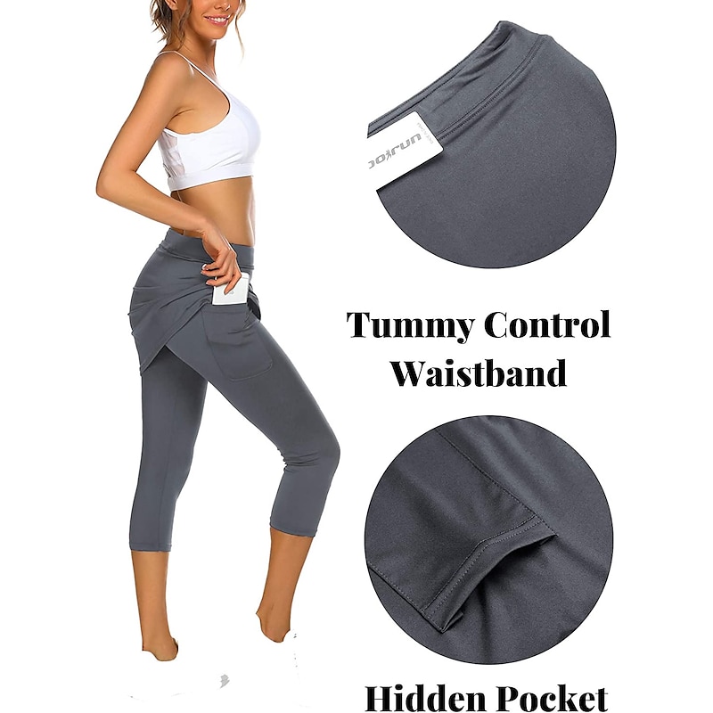 Women's Running Capri Leggings Running Skirt with Tights 2 in 1 with Phone Pocket Base Layer Athletic Athleisure Fall Spandex Breathable Quick Dry Moisture Wicking Soft Gym Workout Running Jogging4