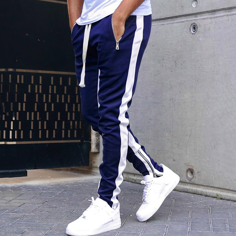 Men's Sweatpants Joggers Tapered pants Trousers Drawstring Elastic Waist Zipper Pocket Color Block Comfort Casual Daily Holiday Sports Stylish Black-White White & Blue Micro-elastic2
