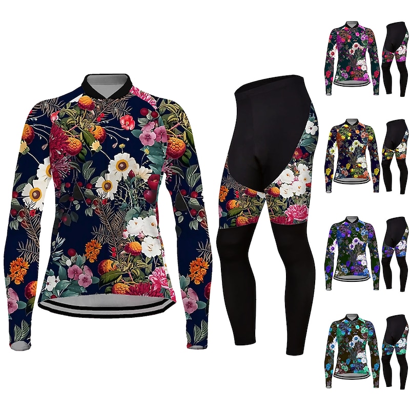 Women's Cycling Jersey with Tights Long Sleeve Mountain Bike MTB Road Bike Cycling Black Blue Purple Graphic Floral Botanical Bike Clothing Suit Thermal Warm 3D Pad Warm Breathable Quick Dry Polyester