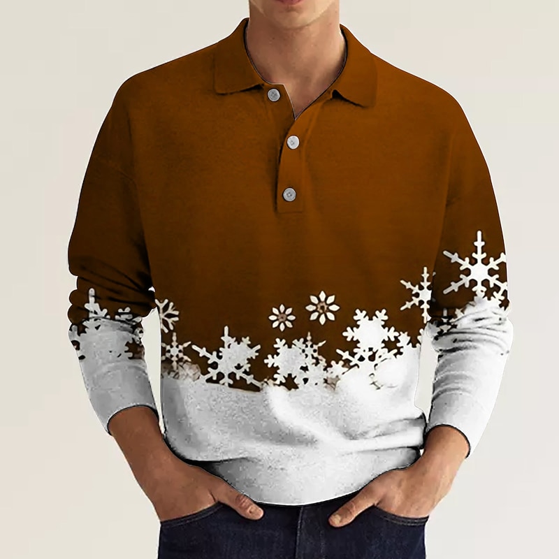 Christmas Men's Christmas Scene 3D Polo Xmas Golf Graphic Prints Snowflake Turndown Wine Blue Brown Green Gray 3D Print Street Casual Long Sleeve Button-Down Print Clothing Apparel Fashion3