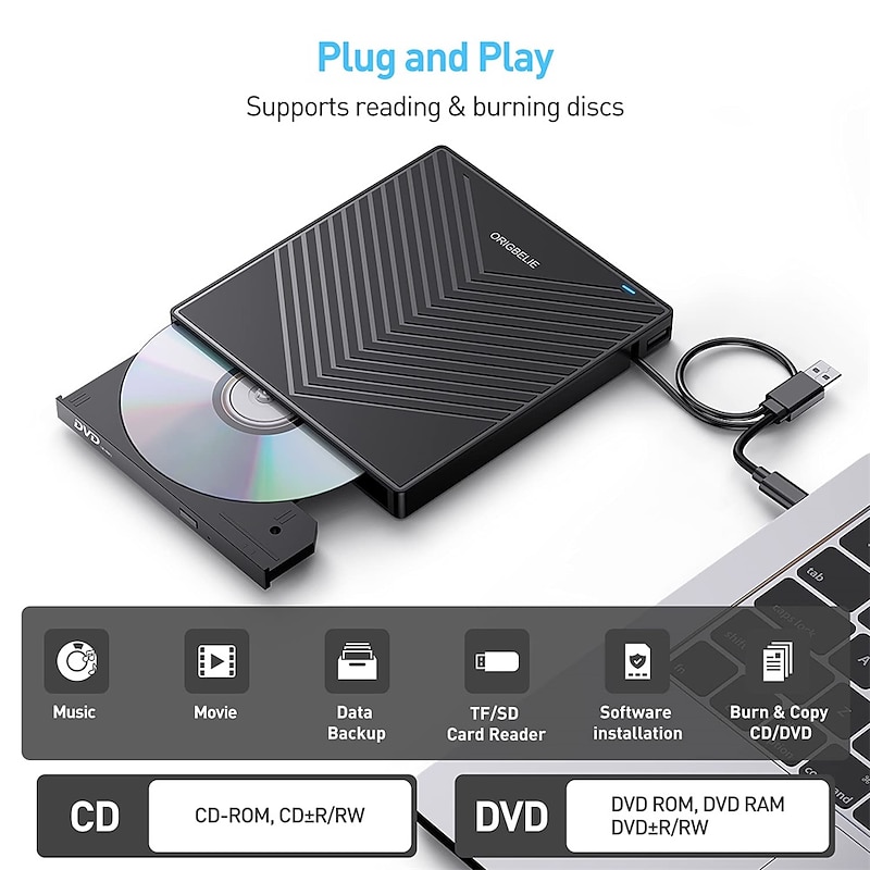 External CD DVD Drive 7 in 1 Ultra Slim CD Burner USB 3.0 with 4 USB Ports and 2 TF/SD Card Slots Optical Disk Drive for Laptop Mac PC Windows 11/10/8/7 Linux OS4