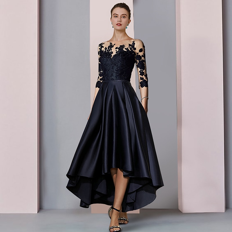A-Line Mother of the Bride Dress Wedding Guest Elegant High Low Scoop Neck Asymmetrical Tea Length Satin Lace 3/4 Length Sleeve with Pleats Appliques