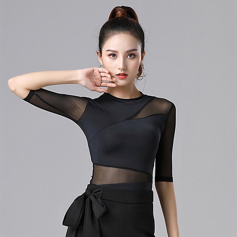 Latin Dance Activewear Top Pure Color Splicing Women's Performance Training Half Sleeve High Cotton Blend4