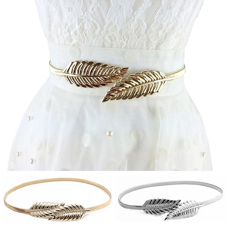 Women's Skinny Belt Nylon Metal Bucke Leaf Decor Classic Wedding Party Silver Golden 2# leaves Silver 2# leaves Gold4