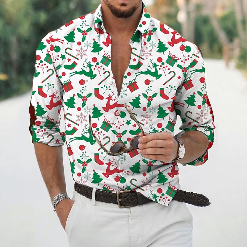 Christmas Men's Christmas Scene Printed Shirts Shirts Tree Elk Graphic Prints Turndown Red green Purple Green Blue Yellow 3D Print Street Casual Long Sleeve Button-Down Print Clothing Apparel Fashion