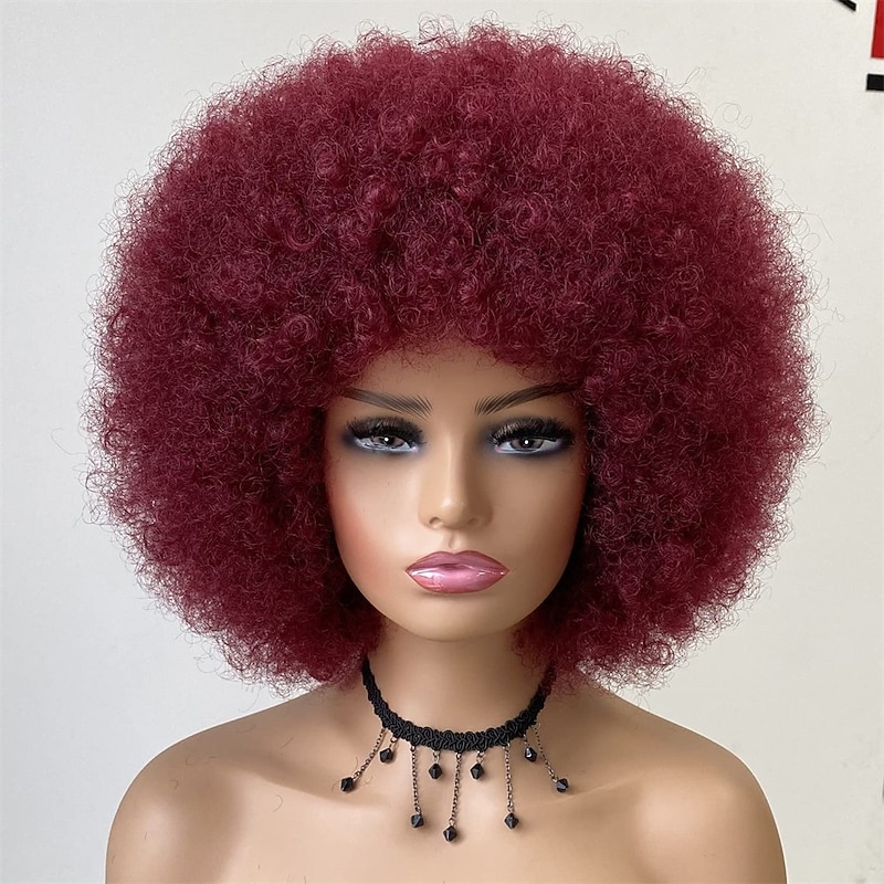 70s Afro Wigs for Black Women - Big Afro Puff Wig with Bangs Short Kinky Curly Synthetic Hair for Women