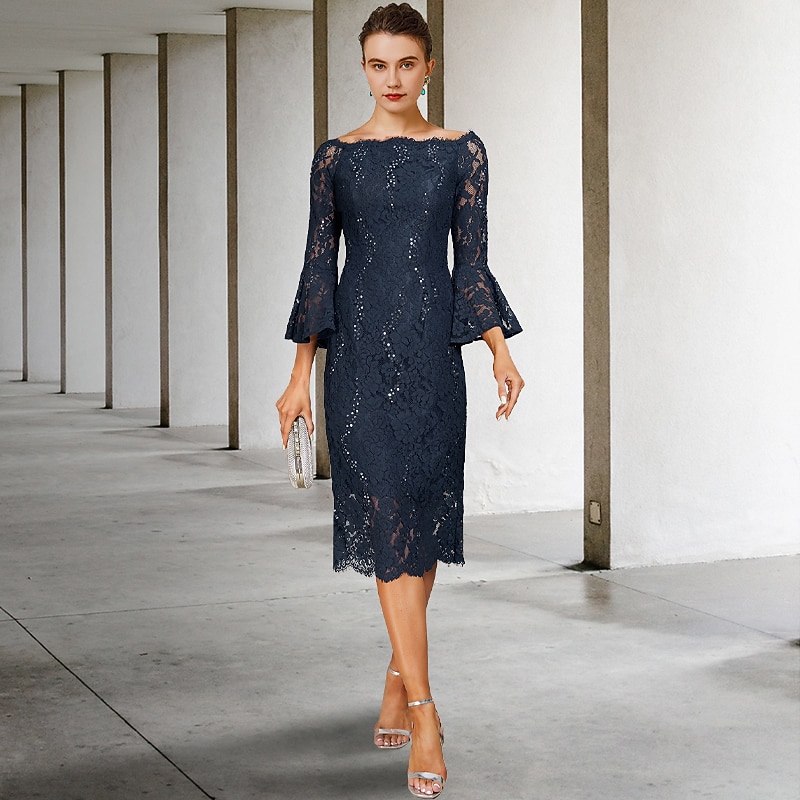 Sheath Mother of the Bride Dress Wedding Guest Elegant Vintage Jewel Neck Tea Length Lace 3/4 Length Sleeve with Sequin2