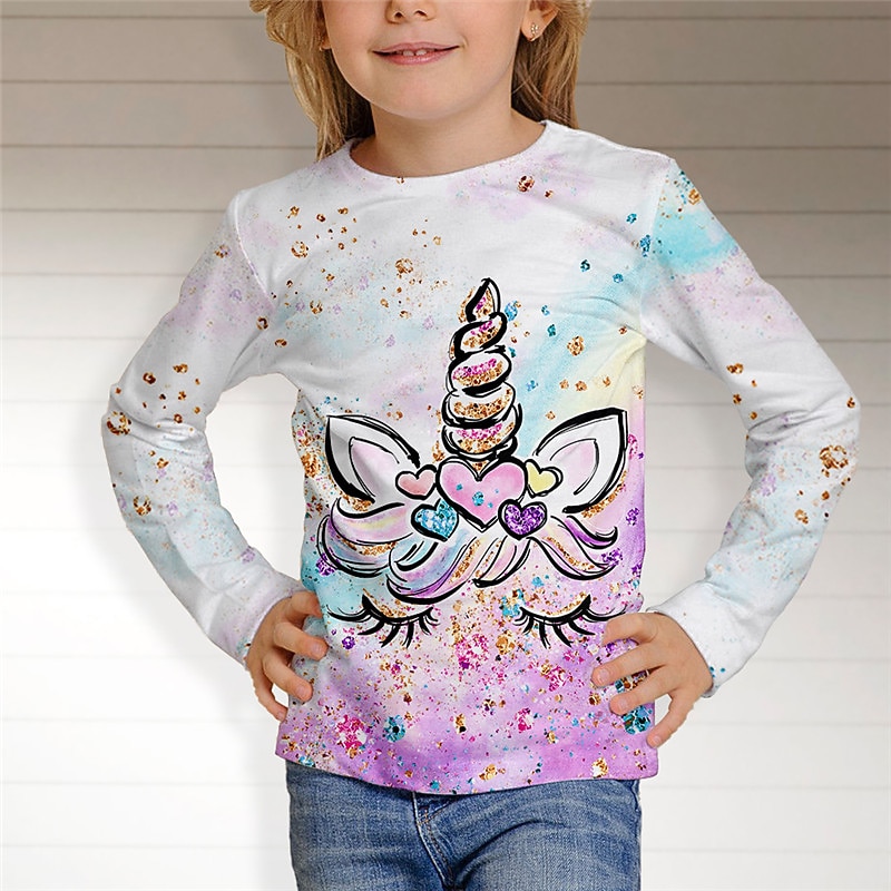 Kids Girls' T shirt Animal Casual 3D Printing Long Sleeve Crewneck Cute 7-13 Years Fall Multicolor White Pink