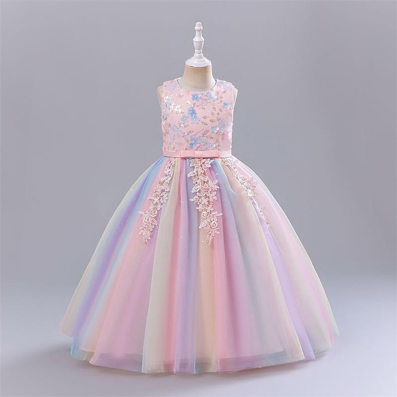 Kids Girls' Flower Girl Dress Party Dress Solid Color Sleeveless Performance Wedding Party Tie Knot Adorable Princess Polyester Maxi Floral Embroidery Dress Tulle Dress Summer Spring 3-13 Years Pink
