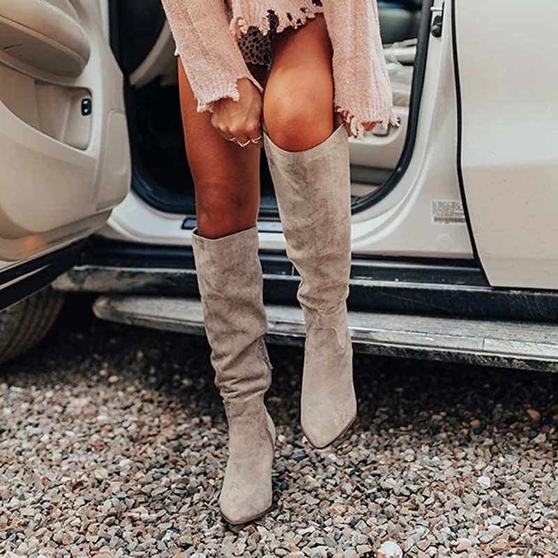 Women's Taupe Suede Knee-High Western Boots with Block Heel, Stylish Pointed Toe Boots for Casual and Outdoor Wear2