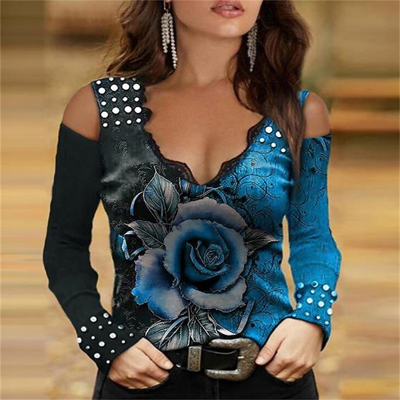 Women's T Shirt Rose Sexy Casual Long Sleeve Deep U Causal Daily Hollow Out Hole Colorful-Butterflies Purple-rose Rose Red-Butterfly Red-rose Lake Blue-Roses Spring Fall2