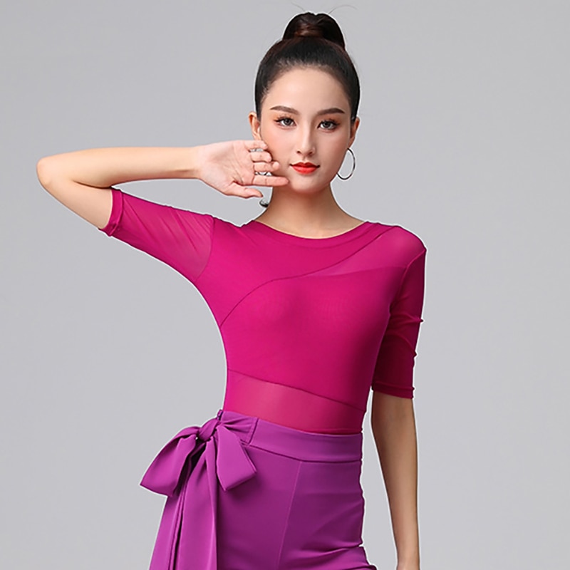 Latin Dance Activewear Leotard / Onesie Ruching Pure Color Splicing Women's Performance Training Half Sleeve High Polyester4