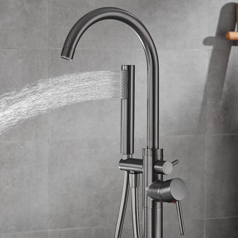 Bathtub Faucet Floor Mount Freestanding Tub Filler Brass High Flow Shower Faucets with Handheld Shower Mixer Taps Swivel Spout(Gun Grey)4