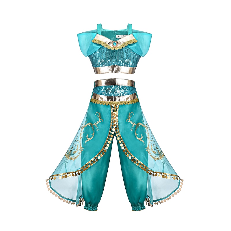 Aladdin and the Magic Lamp Fairytale Princess Jasmine Theme Party Costume Dance Costumes Girls' Movie Cosplay Halloween Silver Wig Yellow Dress Halloween Carnival Masquerade World Book Day Costumes2