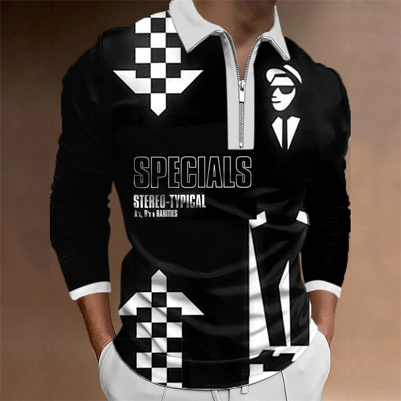 Music Festival Men's Plaid Music Zip Polo Shirts Golf Shirt Long Sleeve Polo Shirts Collared Shirts Casual Vacation Wear Festival Wear Party Outfits 3D Print Quarter Zip Polo A B C