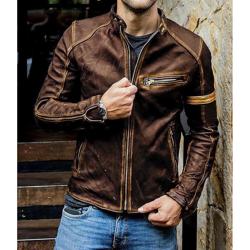 Men's Faux Leather Jacket Transition Jacket Biker Jacket Vintage Leather Jacket Streetwear Thermal Warm Rain Waterproof Vintage Style Spring Fall Winter Chic & Modern ArmyGreen Wine Navy Blue khaki