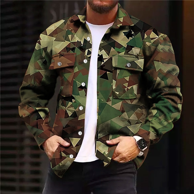 Men's Camo / Camouflage Shirt Shirt Jacket Overshirt Long Sleeve Sports Fashion Streetwear Outdoor Casual Daily Fall & Winter Turndown Print Button-Down Army Green Green2