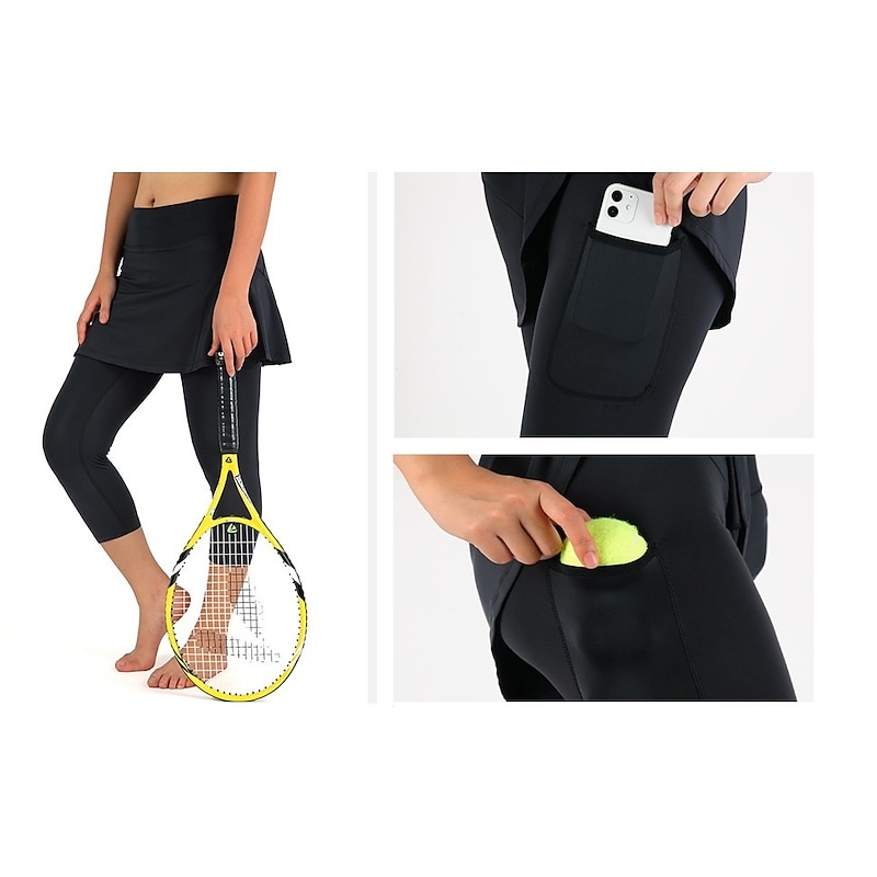 Women's Running Capri Leggings Running Skirt with Tights 2 in 1 with Phone Pocket Base Layer Athletic Athleisure Fall Spandex Breathable Quick Dry Moisture Wicking Soft Gym Workout Running Jogging2