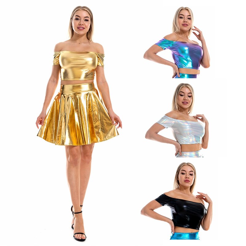 Metallic 1980s Shiny Latex Patent Crop Top PU Leather Off Shoulder Fancy Dress Women's Carnival Costume Masquerade Party Bachelorette Party Pride Parade Adults' Top - Main Image