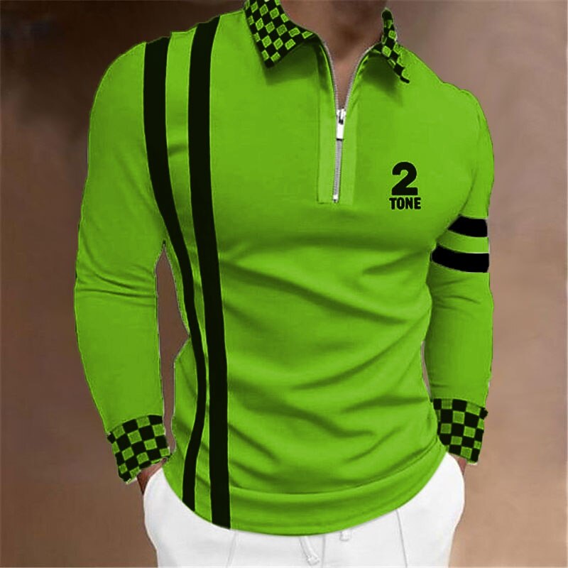 Men's Plaid Zip Polo Shirts Golf Shirt Long Sleeve Polo Shirts Collared Shirts Casual Vacation Wear Formal Wear Festival Wear 3D Print Quarter Zip Polo Black White Yellow4