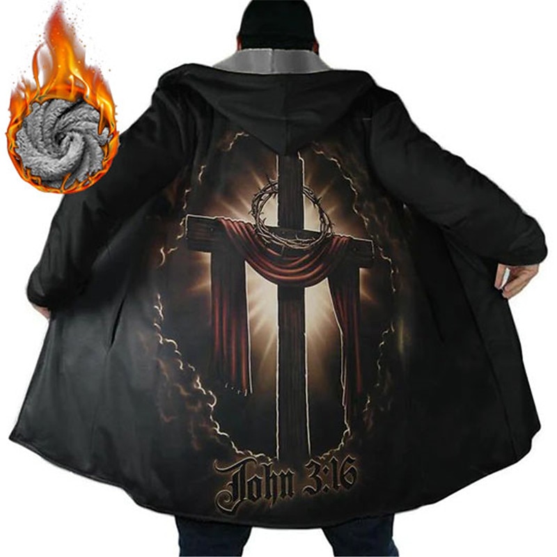 Men's Graphic Prints Vintage Cross Winter Coat Fleece Jacket Coat Warm Comfortable Breathable Fashion Streetwear Sport Sports & Outdoor Daily Wear Going out Zipper Pocket Print Fall & Winter Hoodie