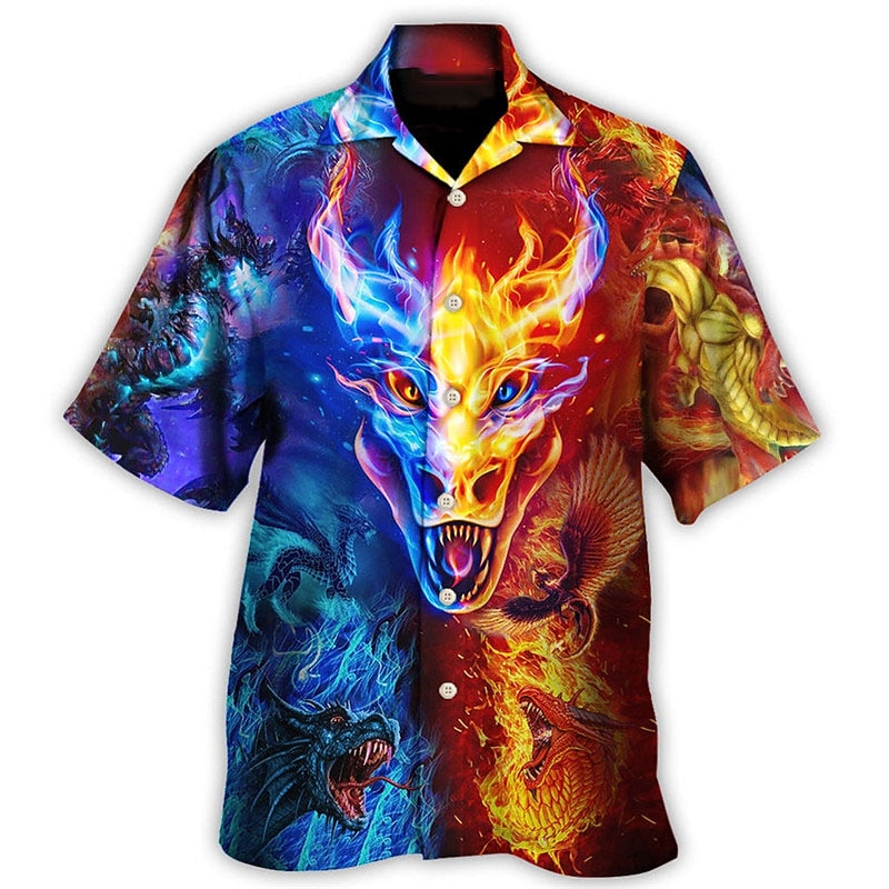 Men's Dragon Shirt Button Up Shirt Short Sleeve Tropical Fashion Hawaiian Casual Holiday Beach Summer Spring Turndown Print Button-Down Blue3