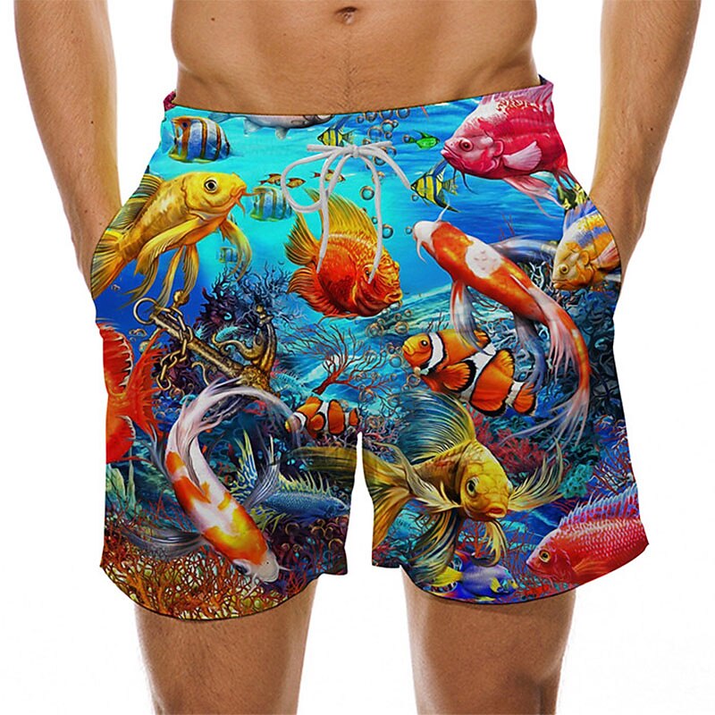 Men's Ocean Print Fish Swim Trunks Swim Shorts Board Shorts Hawaiian Holiday Drawstring with Mesh lining Elastic Waist Designer Clothing Apparel