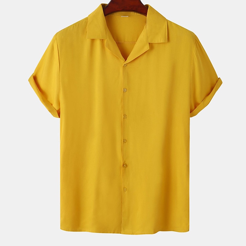 Men's Shirt Summer Shirt Casual Shirt Cuban Collar Shirt Button Up Shirt Camp Collar Shirt White Yellow Pink Wine khaki Short Sleeve Plain Turndown Vacation Street Buttons Clothing Apparel Polyester3