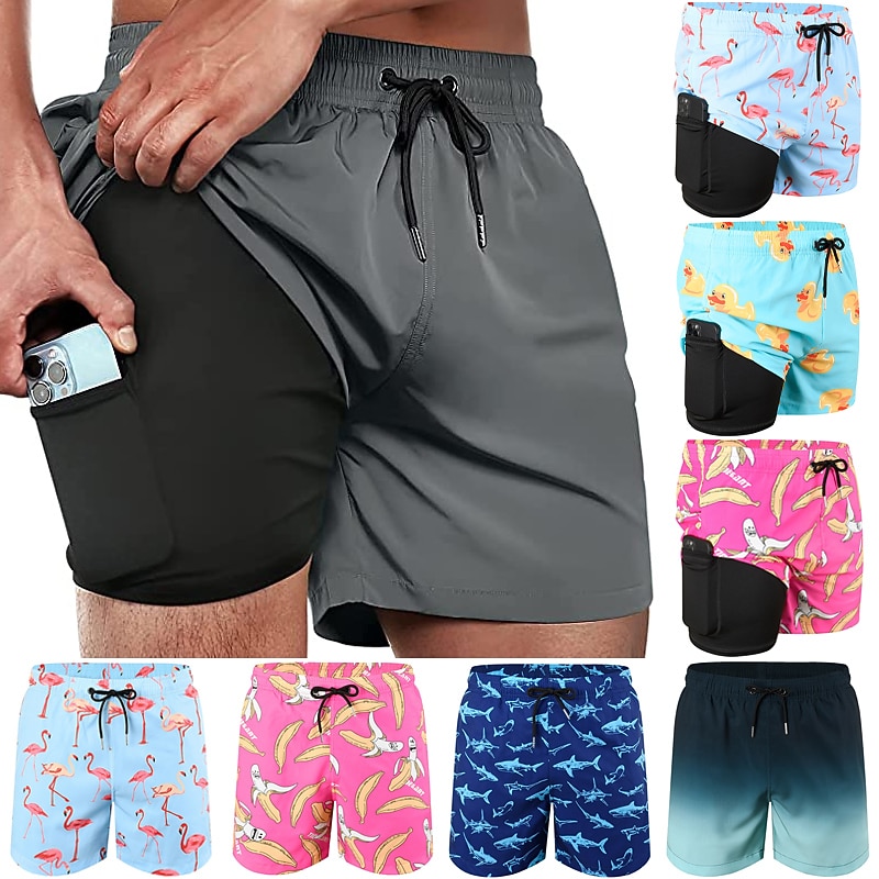 Men's Board Shorts Swim Shorts Swim Trunks Summer Shorts Drawstring Elastic Waist 2 in 1 Graphic Comfort Breathable Short Casual Holiday Beach Hawaiian Stylish Gradient blue Black2