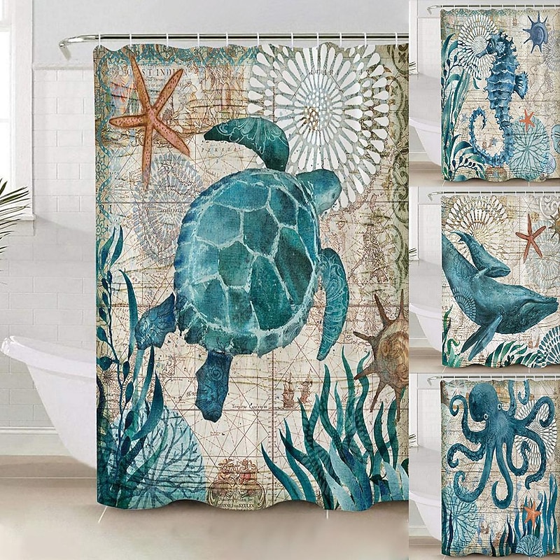 Shower Curtain with Hooks 180cm*180cm(70"*70") Polyester Washable Waterproof Ocean Landscape Pattern4