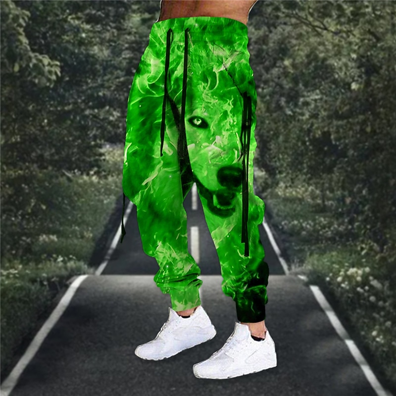Men's Sweatpants Joggers Trousers Drawstring Elastic Waist 3D Print Animal Wolf Graphic Prints Comfort Sports Outdoor Casual Daily Cotton Blend Terry Streetwear Designer Grass Green Blue Micro-elastic2