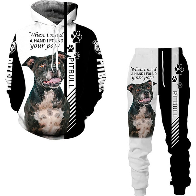 Men's Tracksuit Hoodies Set Black And White Black White+Black White Blue Hooded Graphic Animal Dog 2 Piece Print Sports & Outdoor Casual Sports 3D Print Basic Streetwear Designer Fall Spring Clothing3