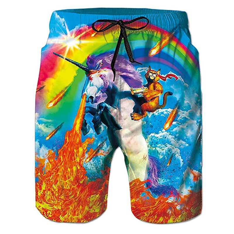Men's Graphic Cartoon Unicorn Swimming Trunks Board Shorts Swim Shorts Mid Waist Streetwear Hawaiian Boho Casual Daily Holiday Drawstring Elastic Waist 3D Print Designer Clothing Apparel