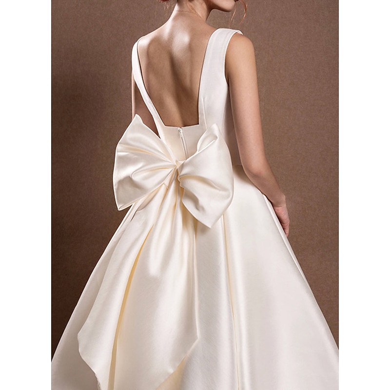 Reception Simple Wedding Dresses Wedding Dresses A-Line Off Shoulder Cap Sleeve Tea Length Satin Bridal Gowns With Pleats Ruched  dress to impress Fall Wedding4